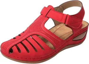 Summer Hollow Sandals for Women Wedge Heel Comfortable Casual Closed Toe Hook-and-Loop Sandals Vintage Lightweight Outdoor Anti-Slip Soft Sole Shoes