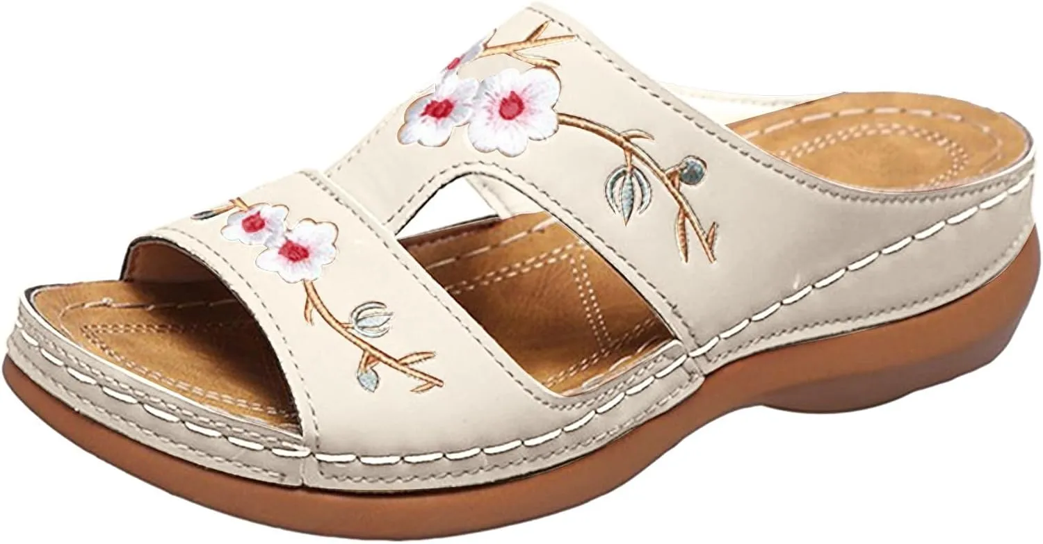 Summer Ladies Fashion Wedge Heel Embroidery Flower Sandals Women's Sandals Women's Shoes Bling Sandals Node Flip Flops