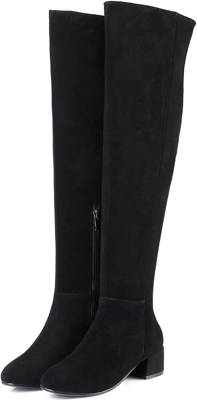 THESHY Women's Suede Over The Knee Boots Round Toe Chunky Heel Thigh High Boot Winter Comfort Wide Calf Tall Bootie Fashion Dress Shoes
