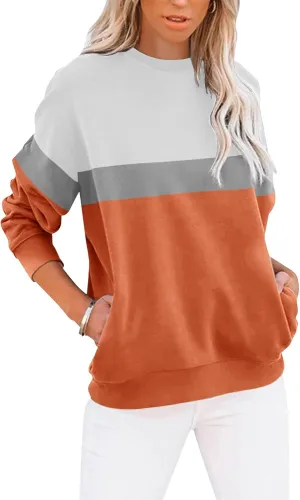 TICTICMIMI Women's Casual Long Sleeve Color Block/Solid Tops Crewneck Sweatshirts Cute Loose Fit Pullover with Pockets