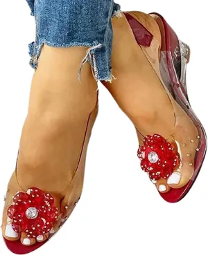 Tophacker Women's Clear Sandals See-Through Rhinestone Wedge Heel Sandals Studded Flower Design Transparent Sandals Lady's Casual Shoes Open Peep Toe Bohemia Dress Shoes