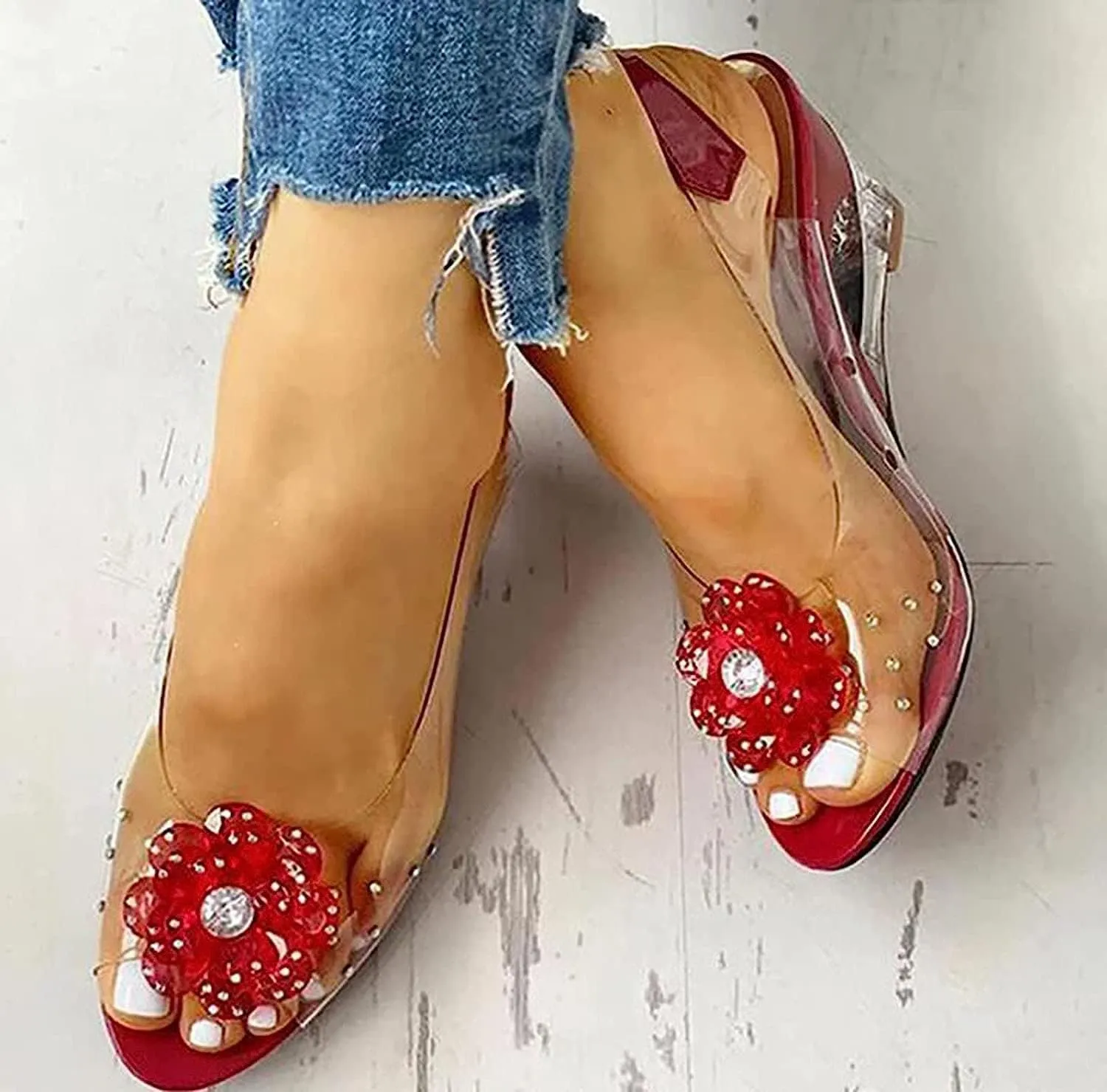 Tophacker Women's Clear Sandals See-Through Rhinestone Wedge Heel Sandals Studded Flower Design Transparent Sandals Lady's Casual Shoes Open Peep Toe Bohemia Dress Shoes