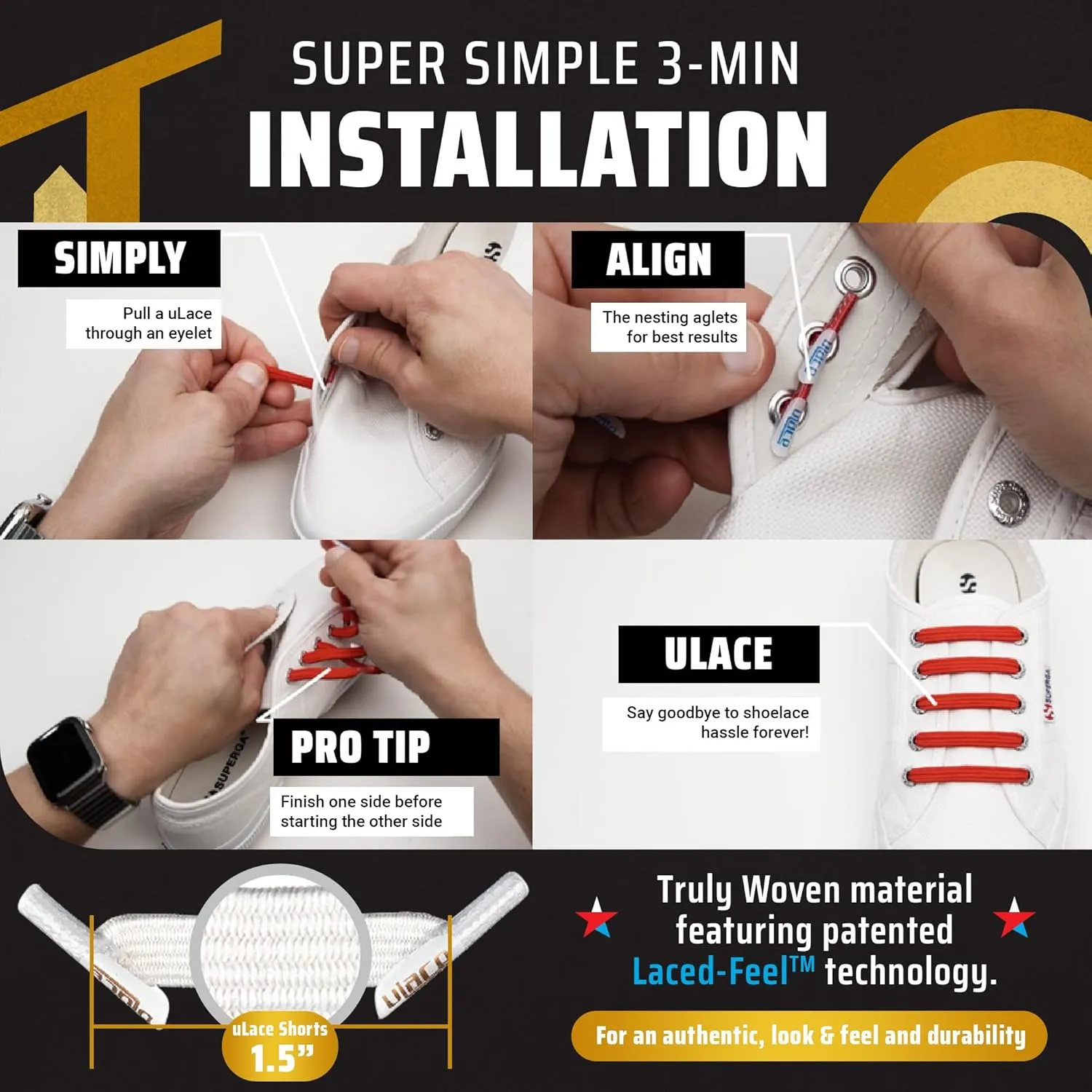 uLace Shorts No-Tie Shoelaces - Elastic Shoe Laces for Sneakers | Stretchy, Elastic Laces | Easy Installation | Eyelet Span