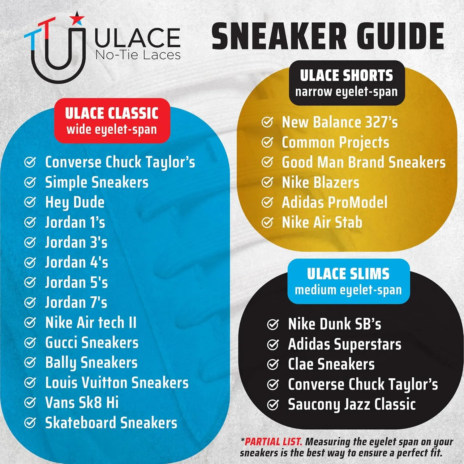uLace Shorts No-Tie Shoelaces - Elastic Shoe Laces for Sneakers | Stretchy, Elastic Laces | Easy Installation | Eyelet Span