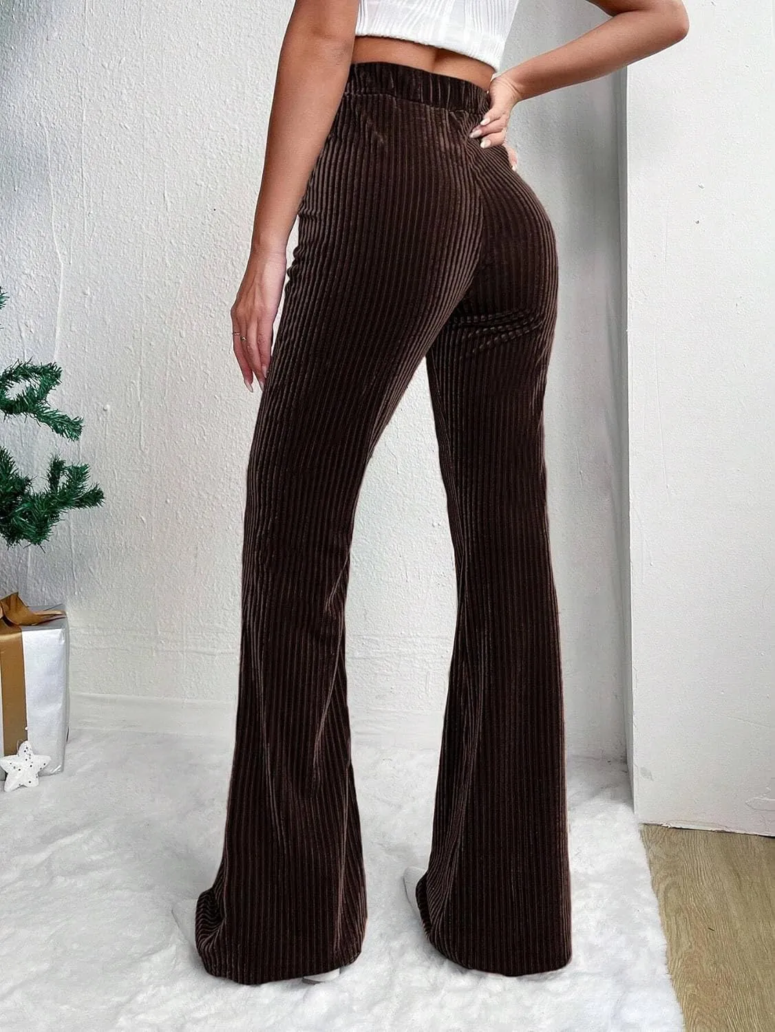 Velvet Flared Pants for Women Fall Winter High Elastic Waist Lounge Trousers Striped Palazzo Pants