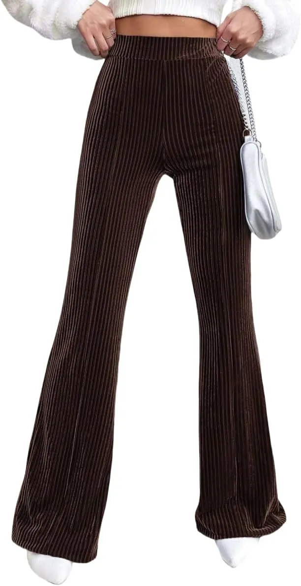Velvet Flared Pants for Women Fall Winter High Elastic Waist Lounge Trousers Striped Palazzo Pants