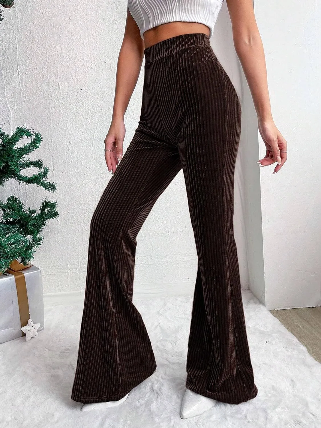 Velvet Flared Pants for Women Fall Winter High Elastic Waist Lounge Trousers Striped Palazzo Pants