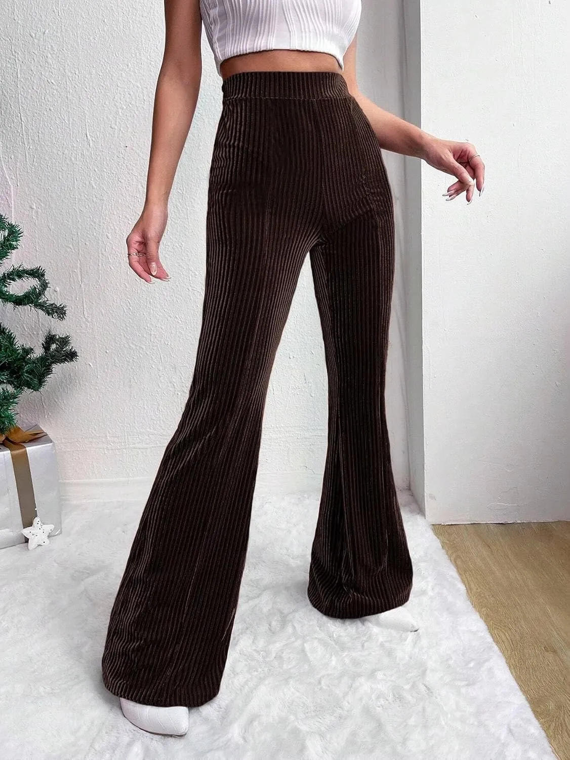 Velvet Flared Pants for Women Fall Winter High Elastic Waist Lounge Trousers Striped Palazzo Pants