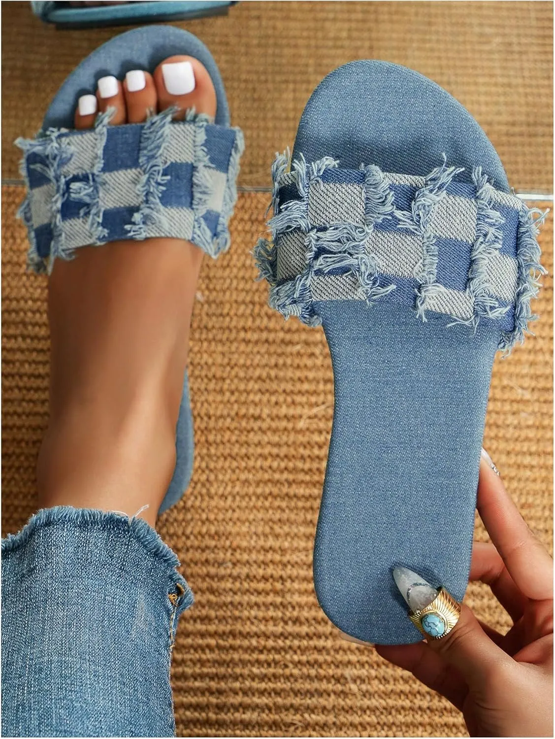 Verdusa Women's Plaid Denim Flat Sandals Open Toe Slip On Summer Slides