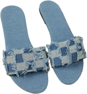 Verdusa Women's Plaid Denim Flat Sandals Open Toe Slip On Summer Slides