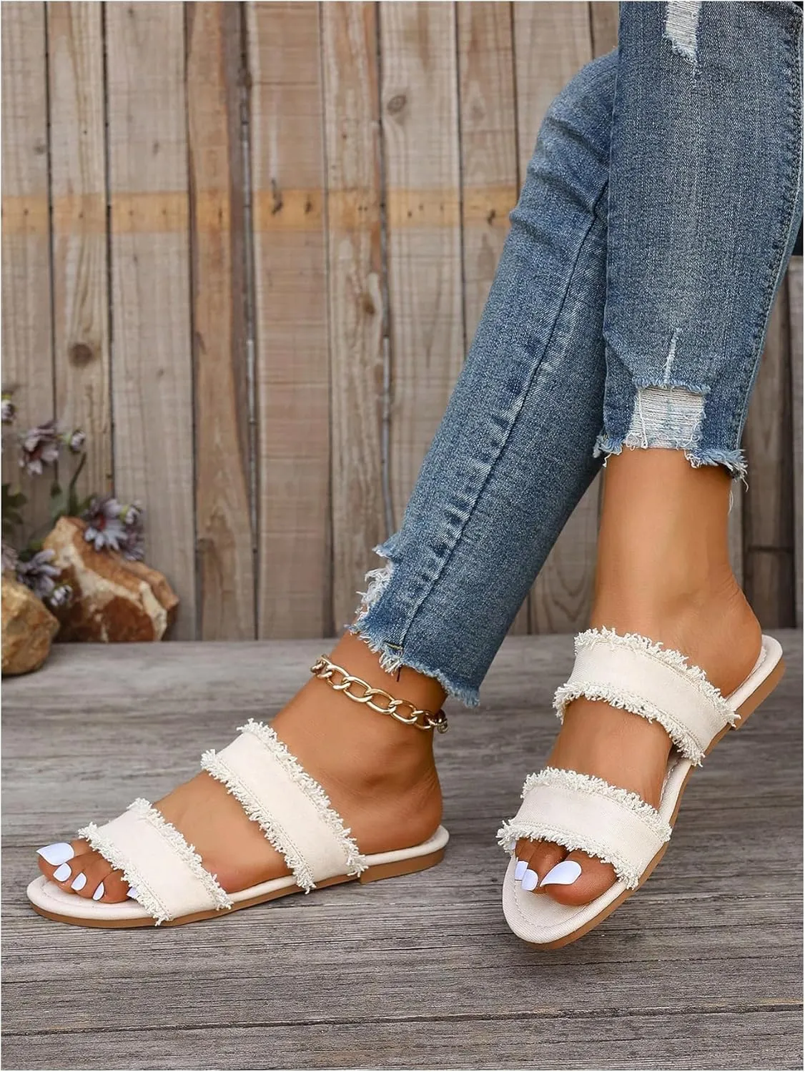 Verdusa Women's PU Leather Open Toe Slip on Flat Sandal Two Band Fringe Trim Slide Slipper