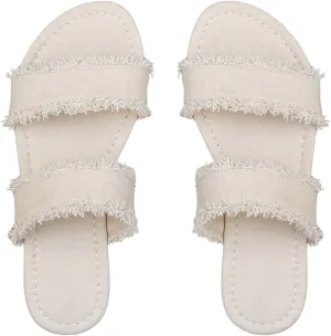 Verdusa Women's PU Leather Open Toe Slip on Flat Sandal Two Band Fringe Trim Slide Slipper