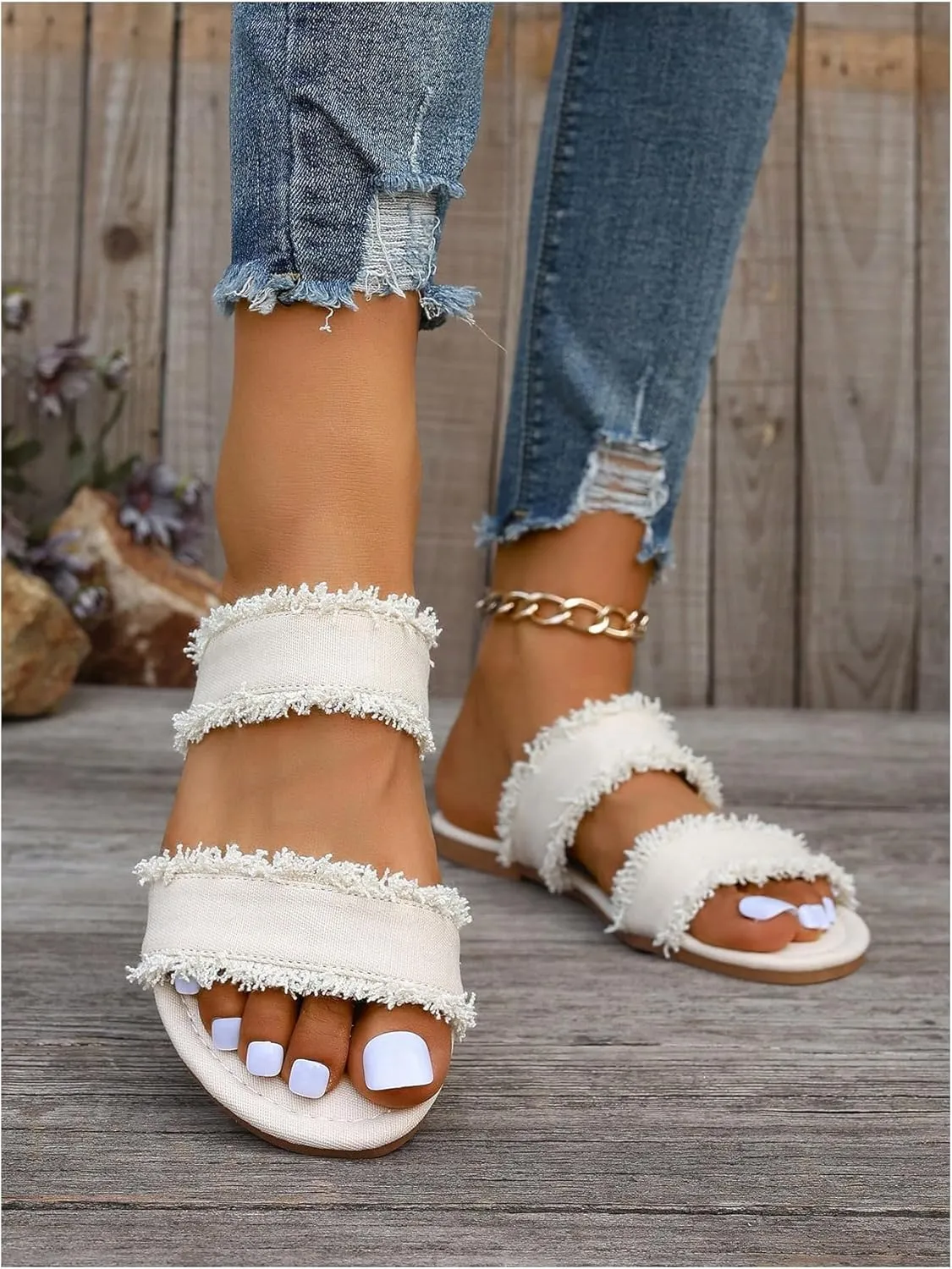 Verdusa Women's PU Leather Open Toe Slip on Flat Sandal Two Band Fringe Trim Slide Slipper