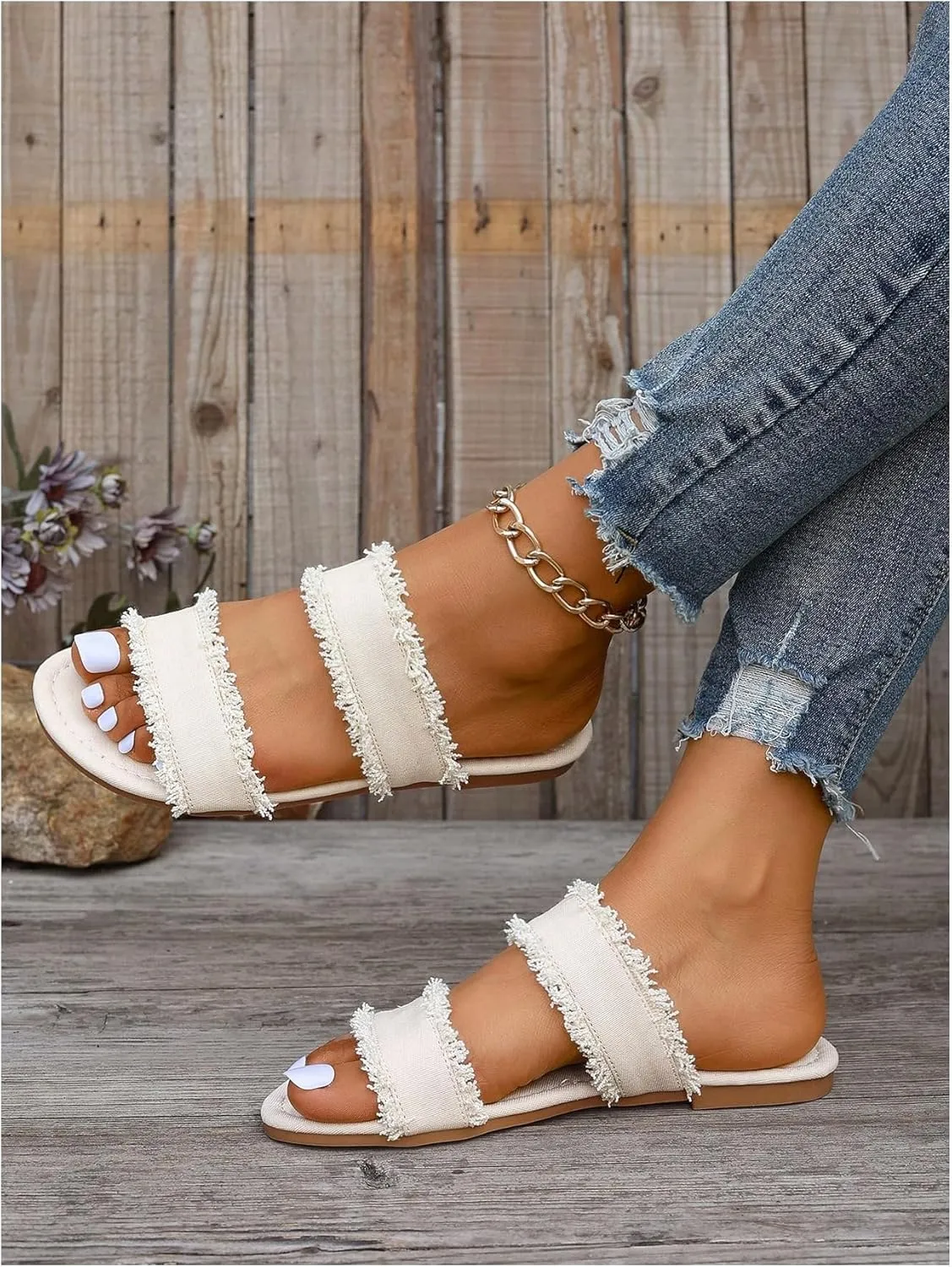 Verdusa Women's PU Leather Open Toe Slip on Flat Sandal Two Band Fringe Trim Slide Slipper