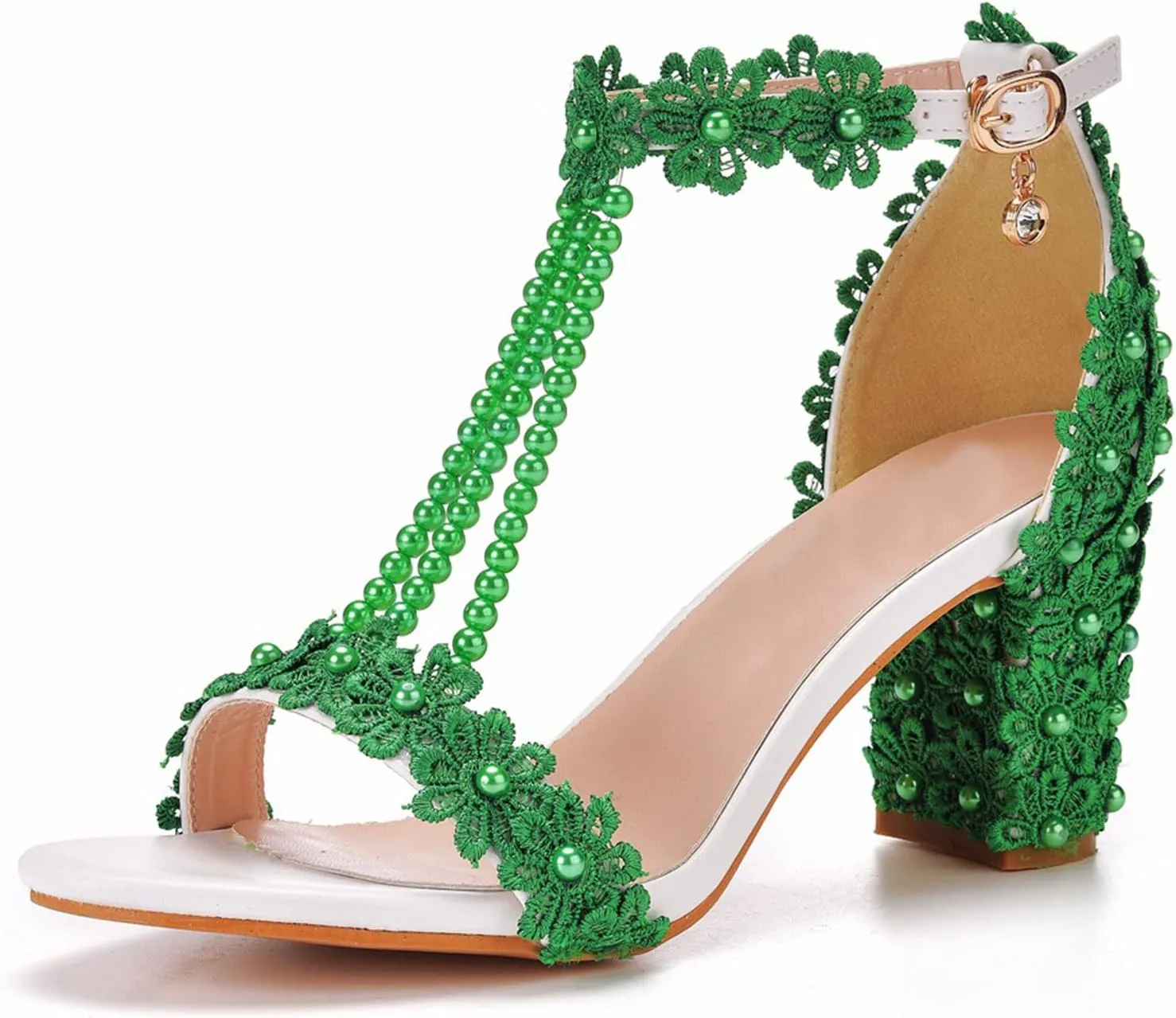 Vujkliy Women's Sandals Pump Round Toe Lace Beaded Square Heel Chunky Heel Sandals Sexy Banquet Wedding 7Cm/2.7In Large Size Sandals