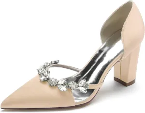Wedding Bride Shoes Women's Pumps Chunky Heel Pointed Toe Silk Rhinestones Slip on High Heel Comfortable Dress Shoes 8.5Cm
