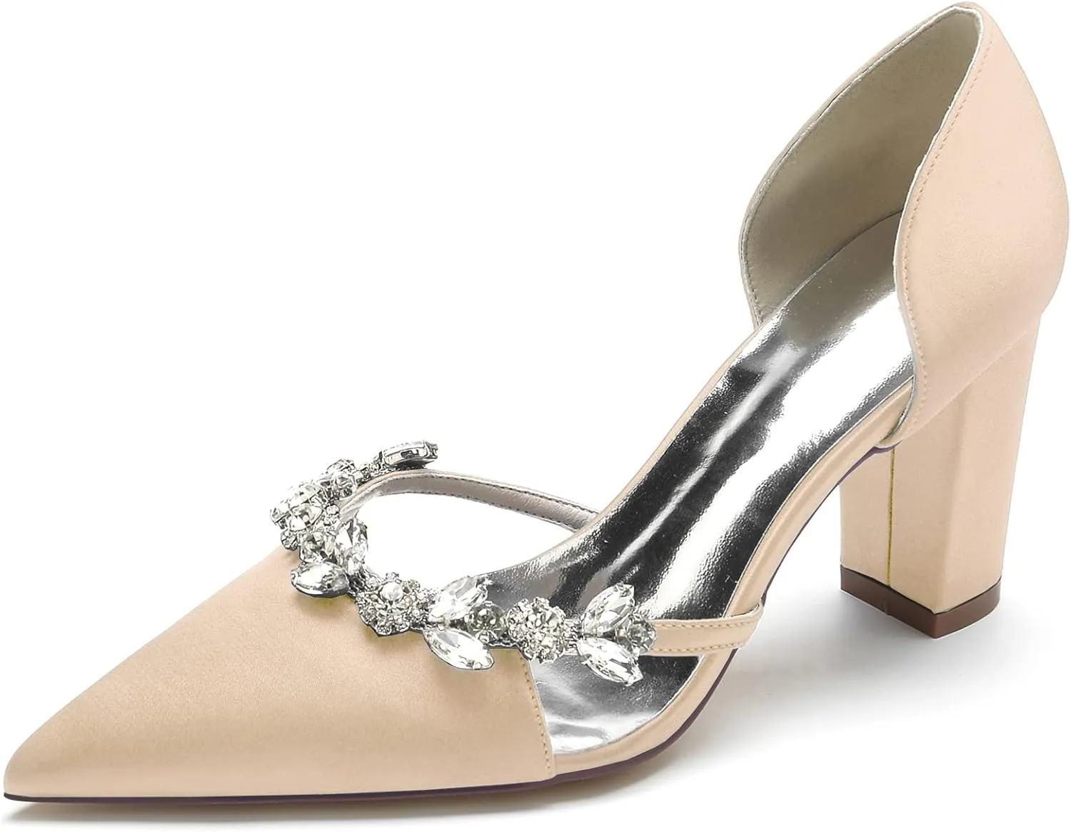 Wedding Bride Shoes Women's Pumps Chunky Heel Pointed Toe Silk Rhinestones Slip on High Heel Comfortable Dress Shoes 8.5Cm