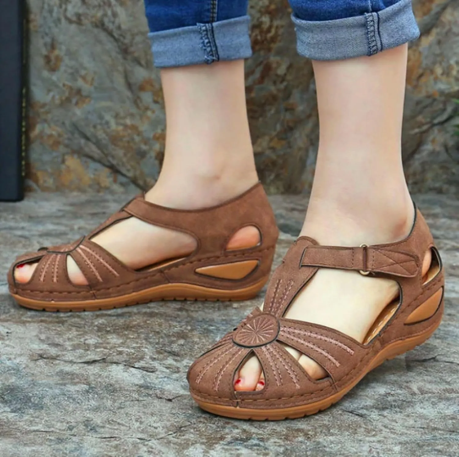Wedge Sandals for Women Closed Toe Comfortable Dressy Shoes Summer Platform Summer Beach Bohemia Ankle Strap Causal Ladies Wedges Casual Hollow Out Orthopedic Comfy Gladiator Slip On Sandal