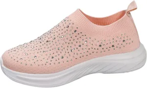 Winter Fashion Women's Sports Shoes Lightweight Woven Mesh Slip On Rhinestone Women's Sneakers (9 UK Soft red)
