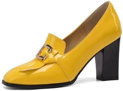 Women Pumps Loafers Shoes Glossy Patent Square Toe High Block Heels