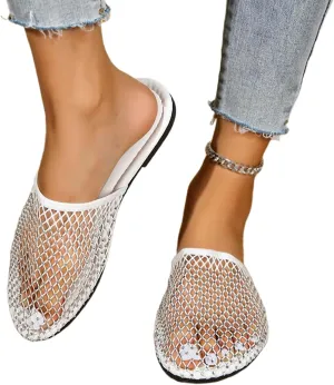 Women Ultra Comfortable Mesh Flats Breathable Fishnet Sandals Low Heel Rhinestone Shoes Shiny Sparkle Hollow Out Slip on Flat Slippers