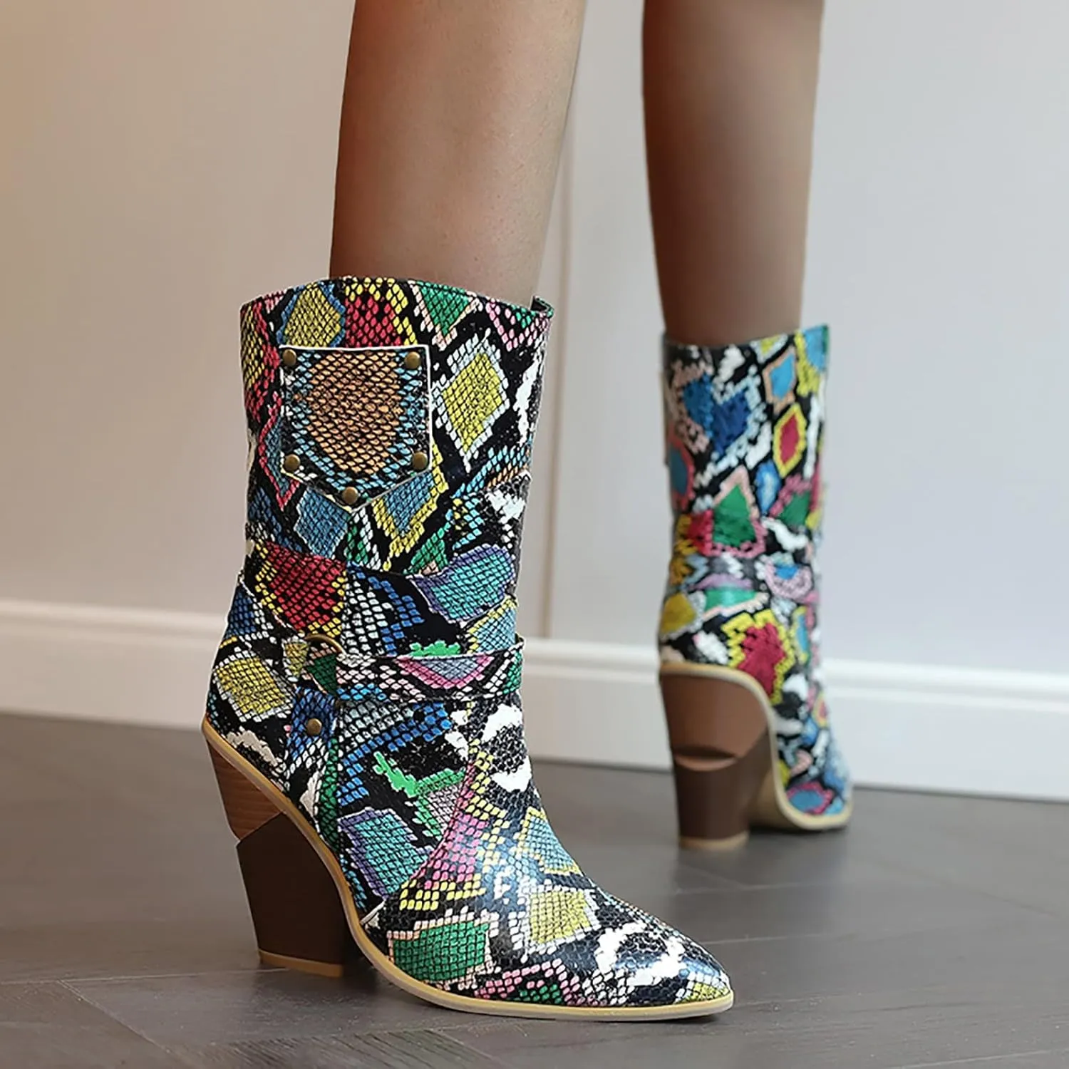 Womens Ankle Boots,Chunky High Heel Booties,Pull On Tabs Cowboy Boots,Fashion Western Boots,Comfy Winter Walking Work Shoes,Stylish Multicolor Leopard Snakeskin Pattern High Heels