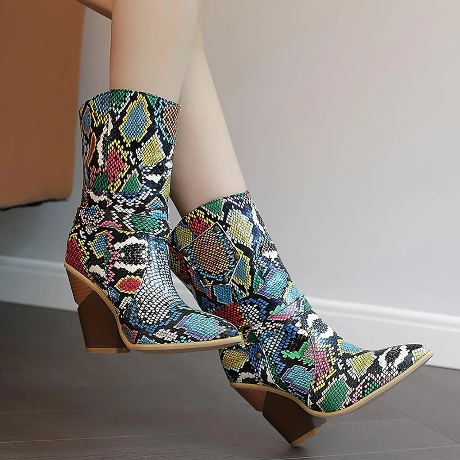 Womens Ankle Boots,Chunky High Heel Booties,Pull On Tabs Cowboy Boots,Fashion Western Boots,Comfy Winter Walking Work Shoes,Stylish Multicolor Leopard Snakeskin Pattern High Heels