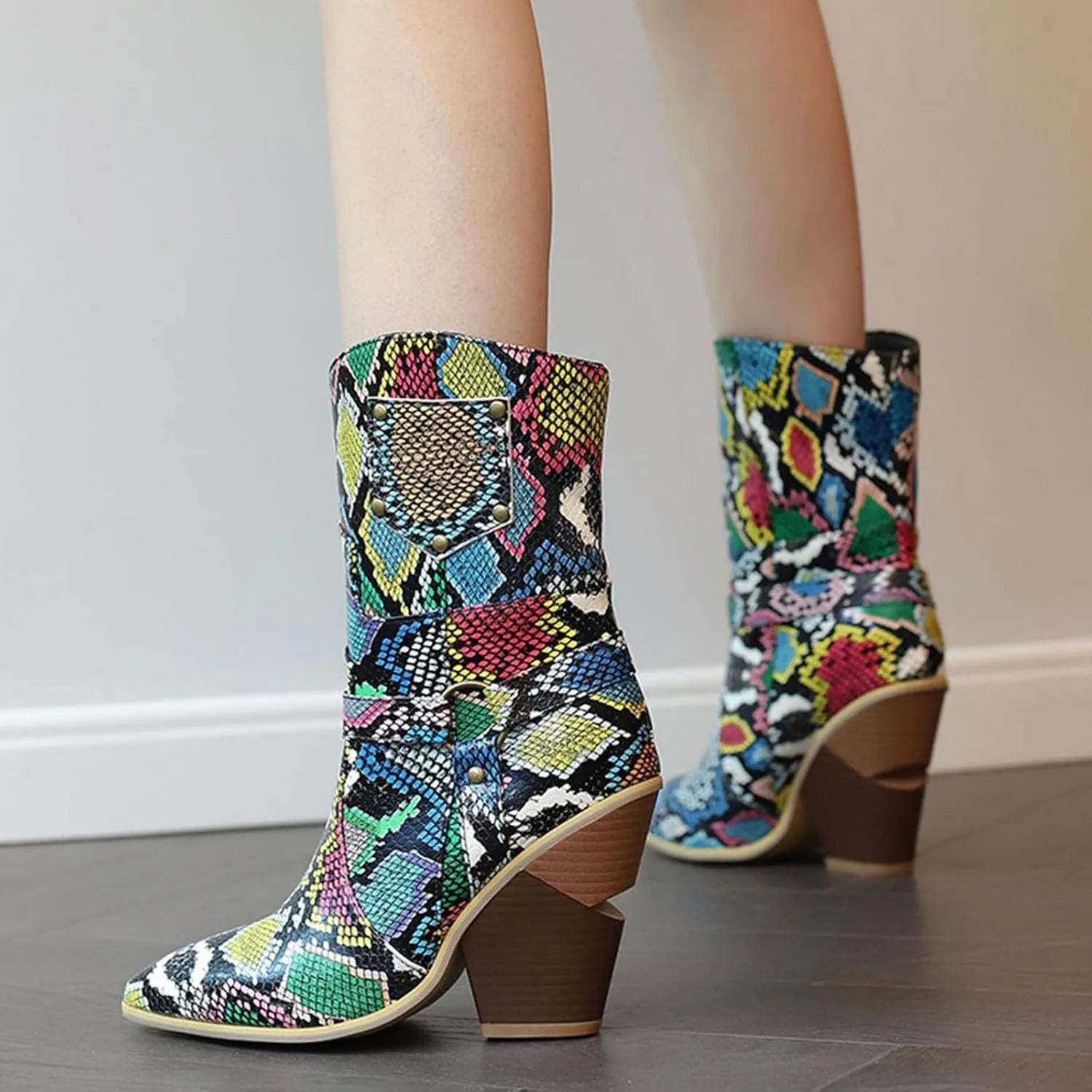 Womens Ankle Boots,Chunky High Heel Booties,Pull On Tabs Cowboy Boots,Fashion Western Boots,Comfy Winter Walking Work Shoes,Stylish Multicolor Leopard Snakeskin Pattern High Heels