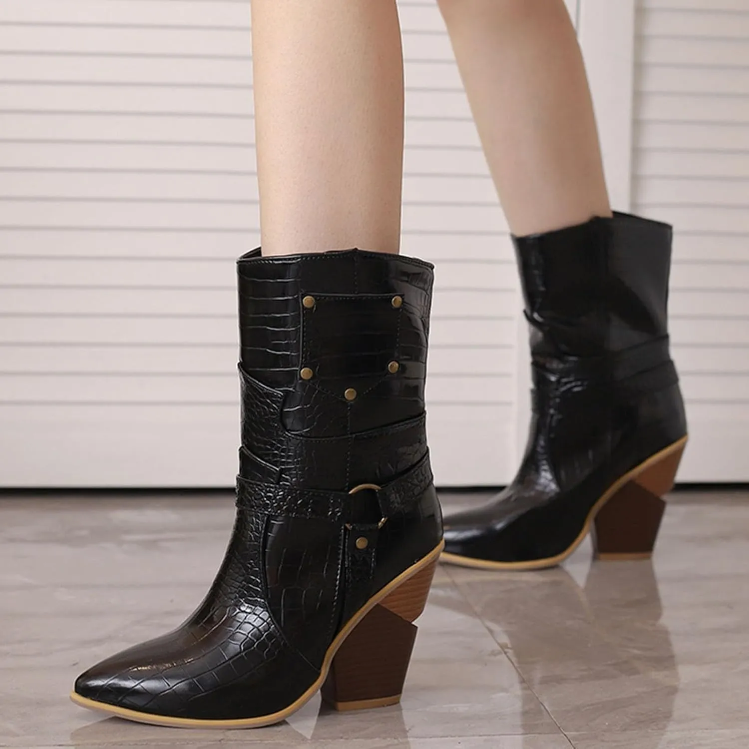 Womens Ankle Boots,Chunky High Heel Booties,Pull On Tabs Cowboy Boots,Fashion Western Boots,Comfy Winter Walking Work Shoes,Stylish Multicolor Leopard Snakeskin Pattern High Heels