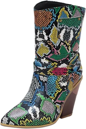 Womens Ankle Boots,Chunky High Heel Booties,Pull On Tabs Cowboy Boots,Fashion Western Boots,Comfy Winter Walking Work Shoes,Stylish Multicolor Leopard Snakeskin Pattern High Heels