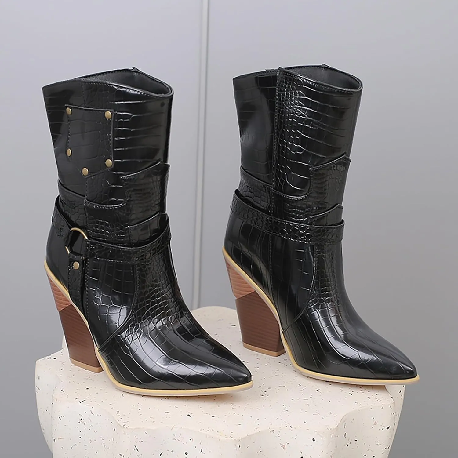 Womens Ankle Boots,Chunky High Heel Booties,Pull On Tabs Cowboy Boots,Fashion Western Boots,Comfy Winter Walking Work Shoes,Stylish Multicolor Leopard Snakeskin Pattern High Heels