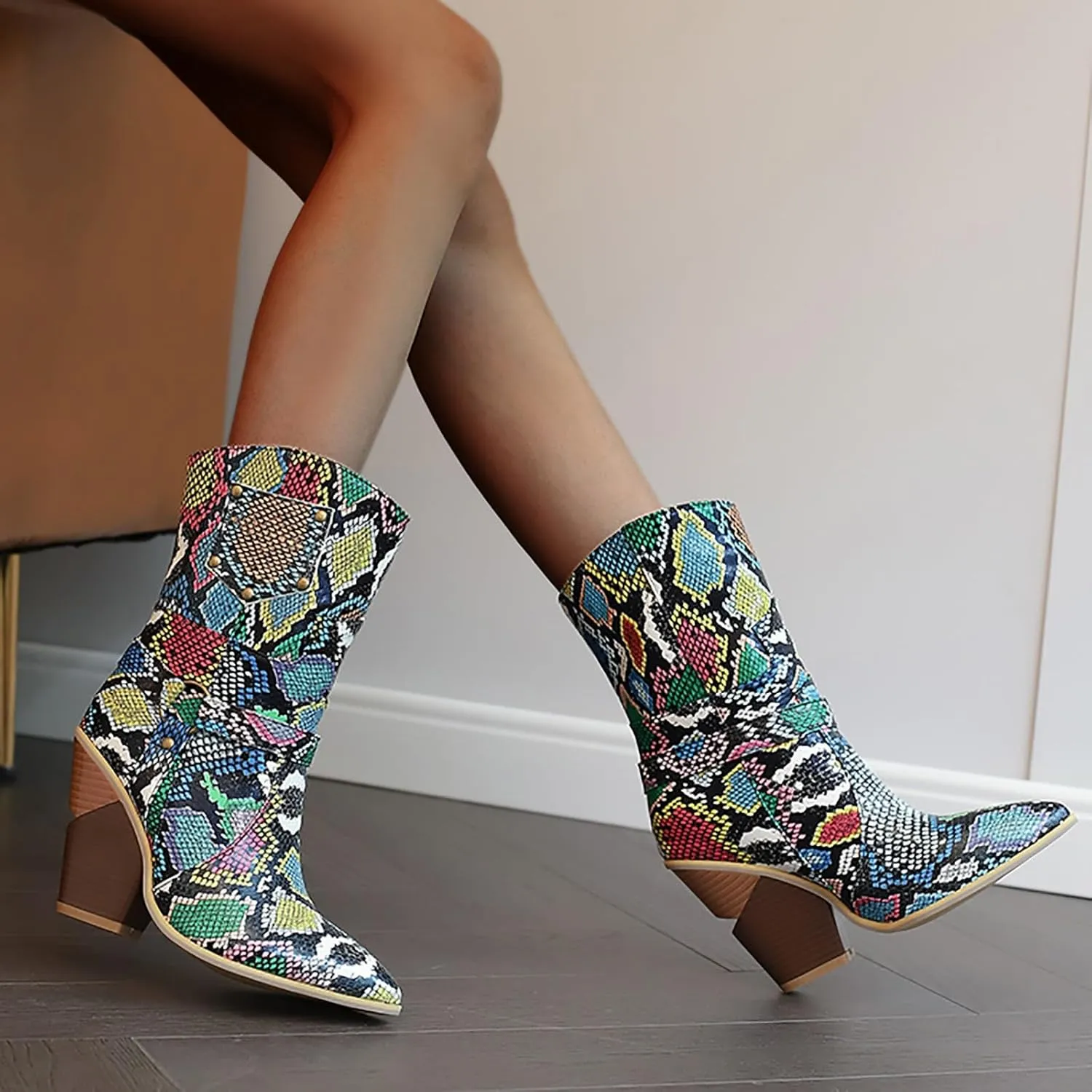 Womens Ankle Boots,Chunky High Heel Booties,Pull On Tabs Cowboy Boots,Fashion Western Boots,Comfy Winter Walking Work Shoes,Stylish Multicolor Leopard Snakeskin Pattern High Heels