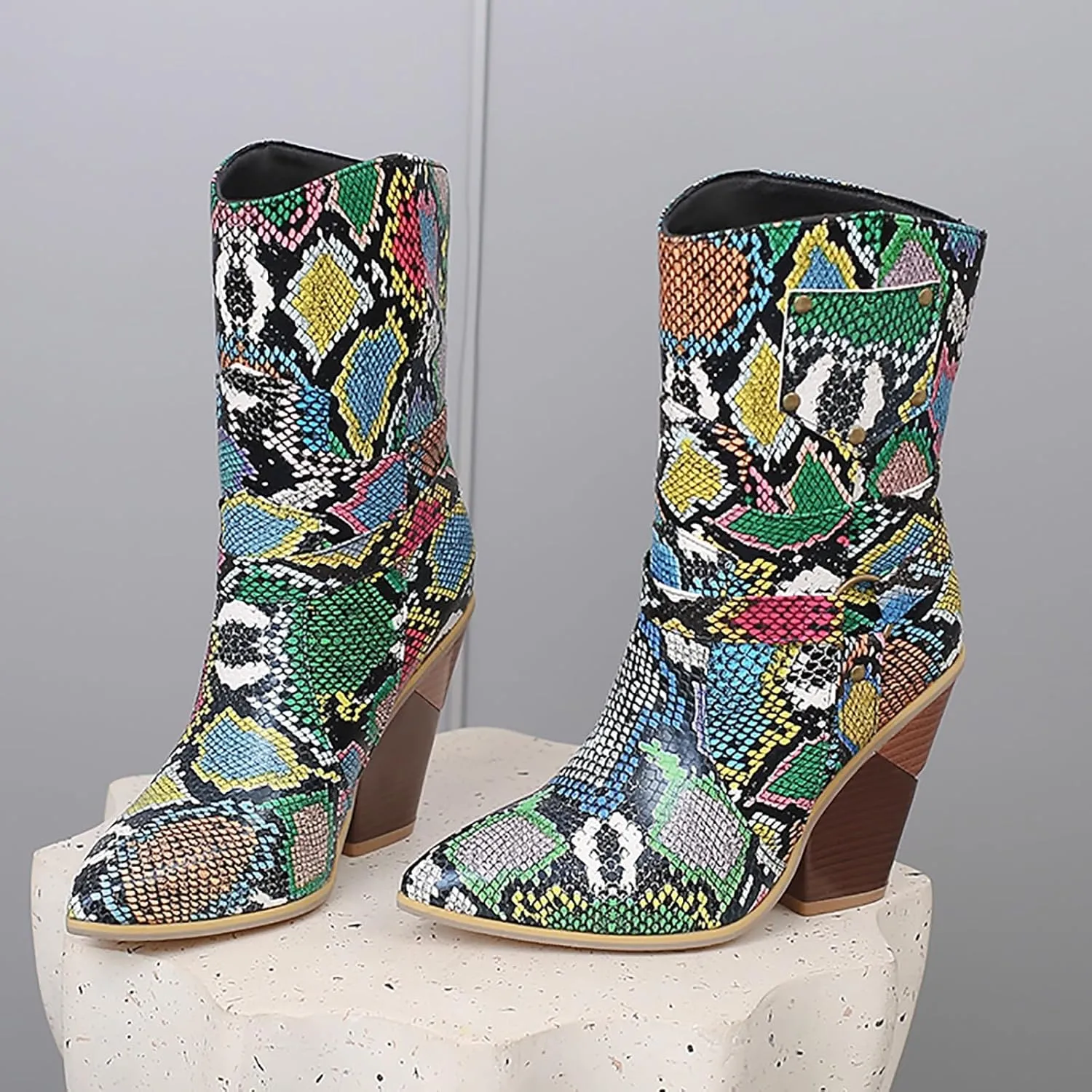 Womens Ankle Boots,Chunky High Heel Booties,Pull On Tabs Cowboy Boots,Fashion Western Boots,Comfy Winter Walking Work Shoes,Stylish Multicolor Leopard Snakeskin Pattern High Heels