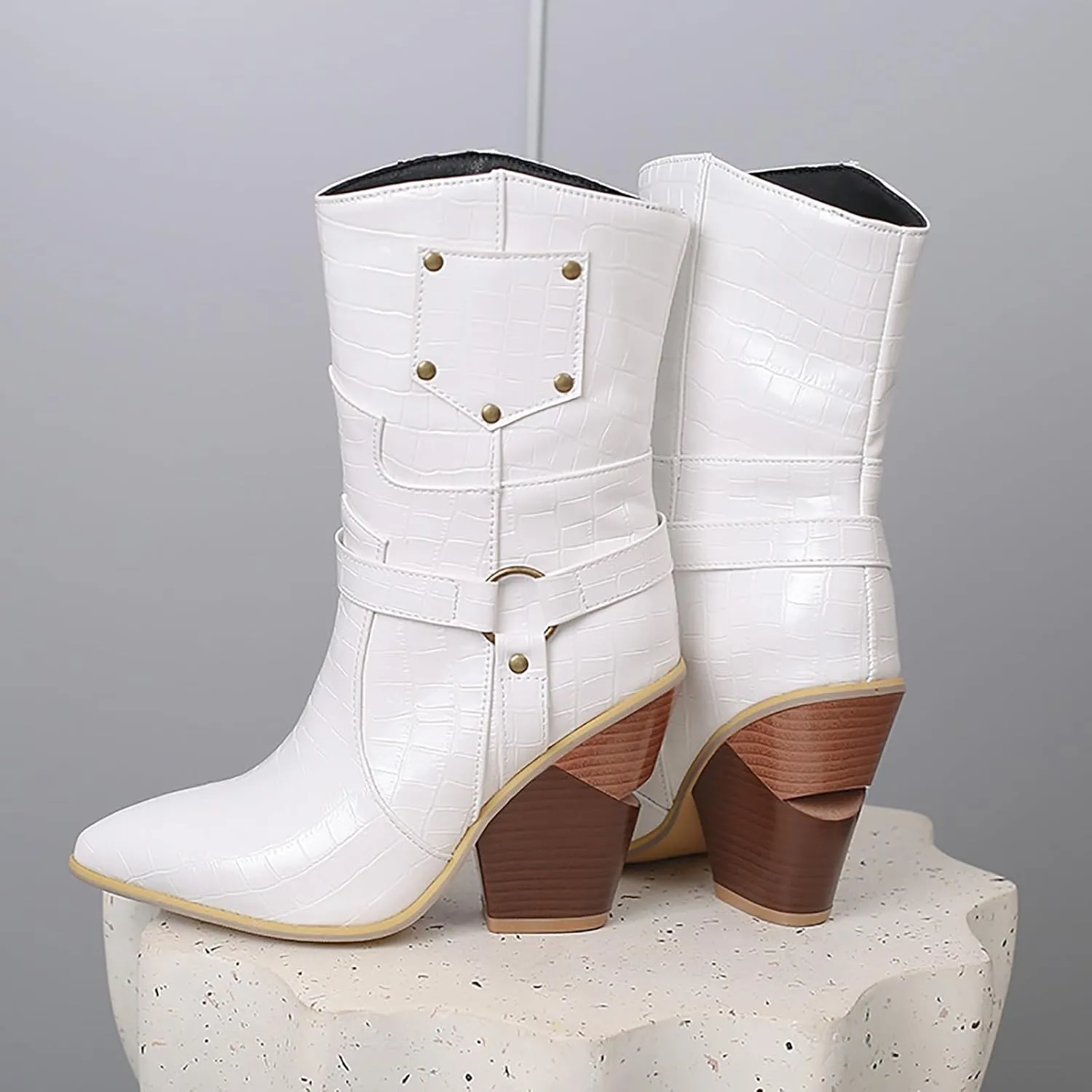 Womens Ankle Boots,Chunky High Heel Booties,Pull On Tabs Cowboy Boots,Fashion Western Boots,Comfy Winter Walking Work Shoes,Stylish Multicolor Leopard Snakeskin Pattern High Heels