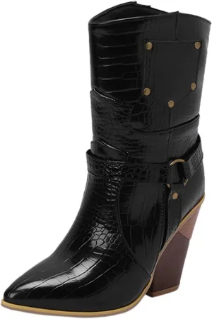 Womens Ankle Boots,Chunky High Heel Booties,Pull On Tabs Cowboy Boots,Fashion Western Boots,Comfy Winter Walking Work Shoes,Stylish Multicolor Leopard Snakeskin Pattern High Heels