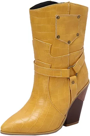 Womens Ankle Boots,Chunky High Heel Booties,Pull On Tabs Cowboy Boots,Fashion Western Boots,Comfy Winter Walking Work Shoes,Stylish Multicolor Leopard Snakeskin Pattern High Heels