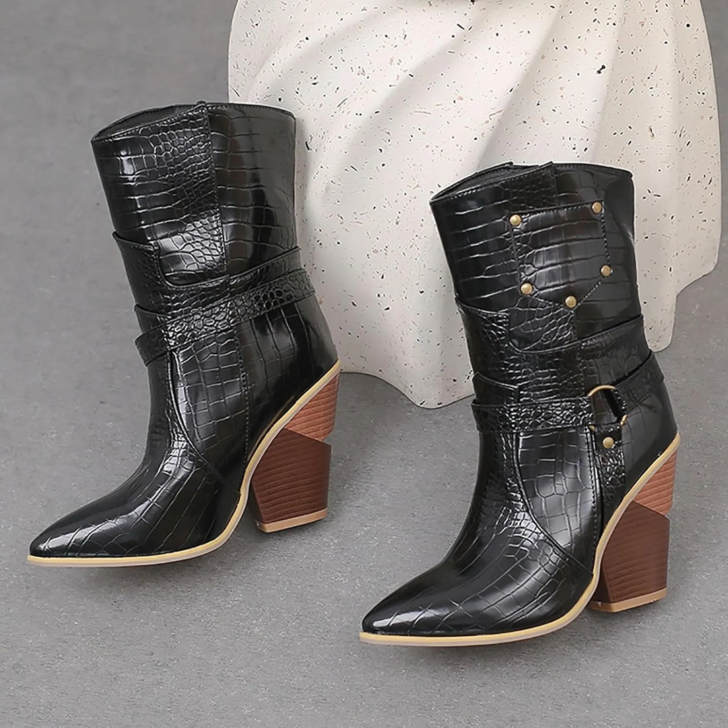 Womens Ankle Boots,Chunky High Heel Booties,Pull On Tabs Cowboy Boots,Fashion Western Boots,Comfy Winter Walking Work Shoes,Stylish Multicolor Leopard Snakeskin Pattern High Heels