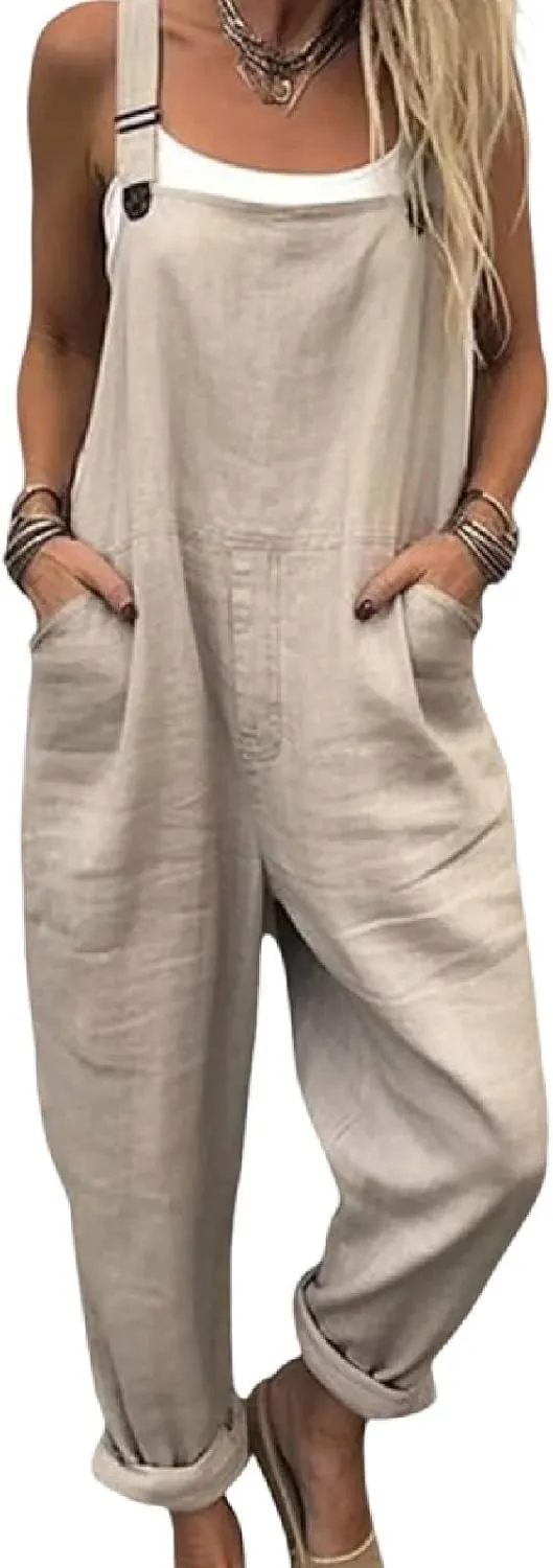 Women's Beige Overalls Loose Fit Straps Sleeveless Side Pockets Jumpsuit 2025 Summer Casual Going Out Rompers