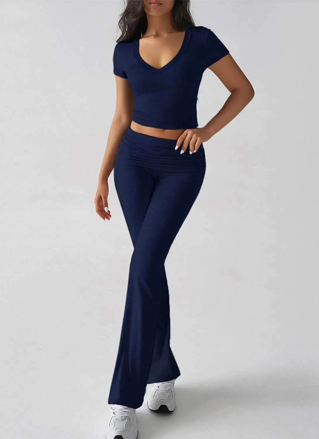 Women's Black V-Neck Short Sleeve Slim Fit Top with Low Rise Flared Long Pants Two Piece Set Trendy Casual Y2k Outfit