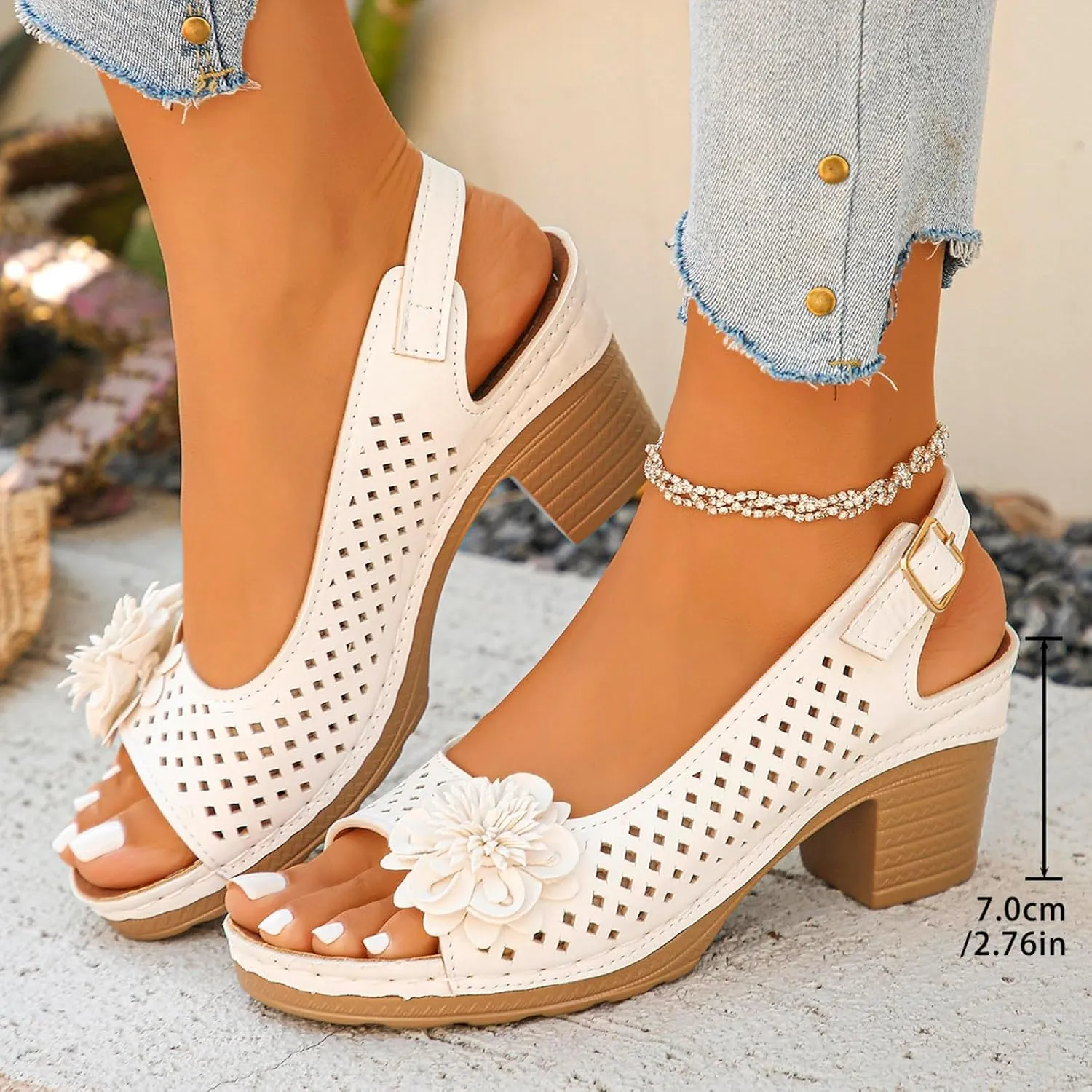Womens Block Heel Sandals Summer Dressy Fish Mouth Flowers Ankle Buckle Strap Chunky Block Heel Comfortable Hollow Out Platform Wedge Sandals