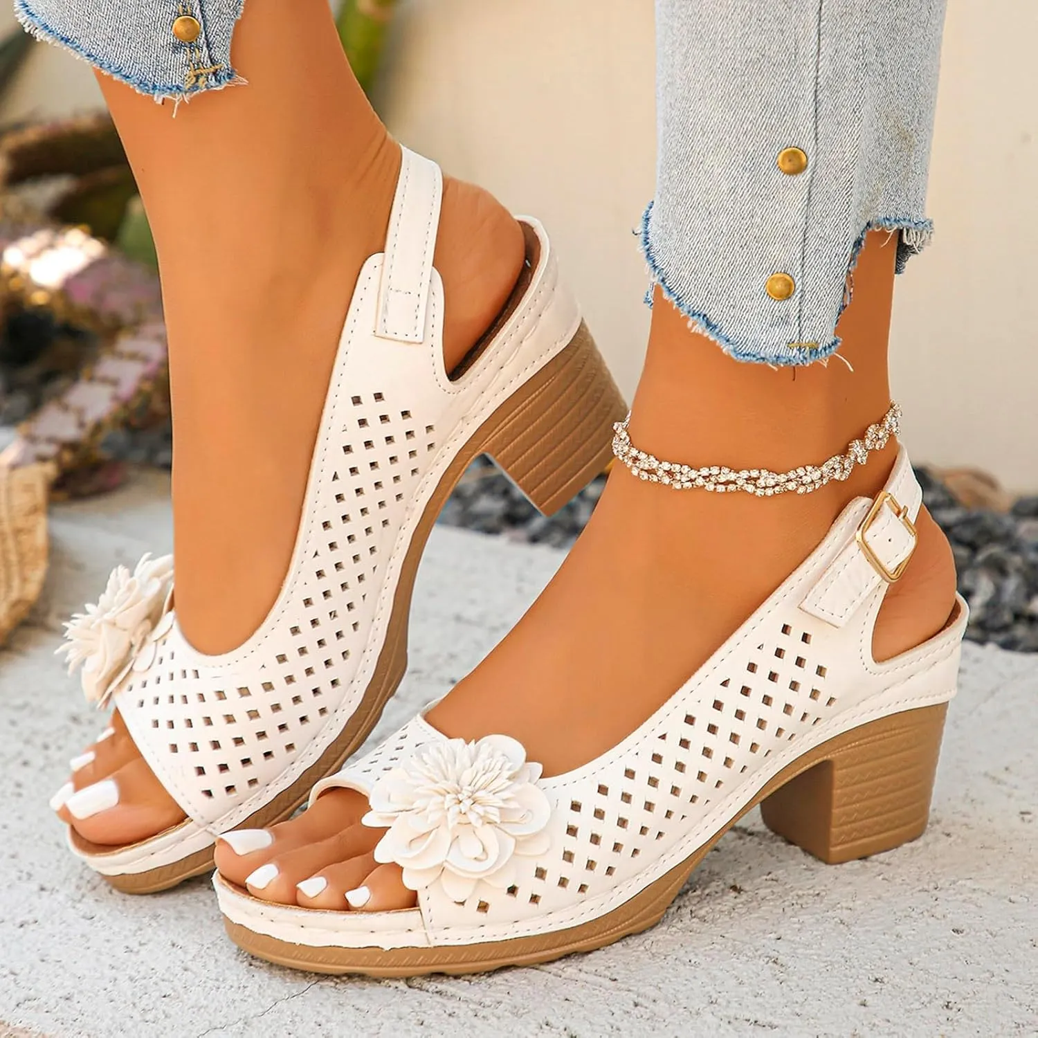 Womens Block Heel Sandals Summer Dressy Fish Mouth Flowers Ankle Buckle Strap Chunky Block Heel Comfortable Hollow Out Platform Wedge Sandals