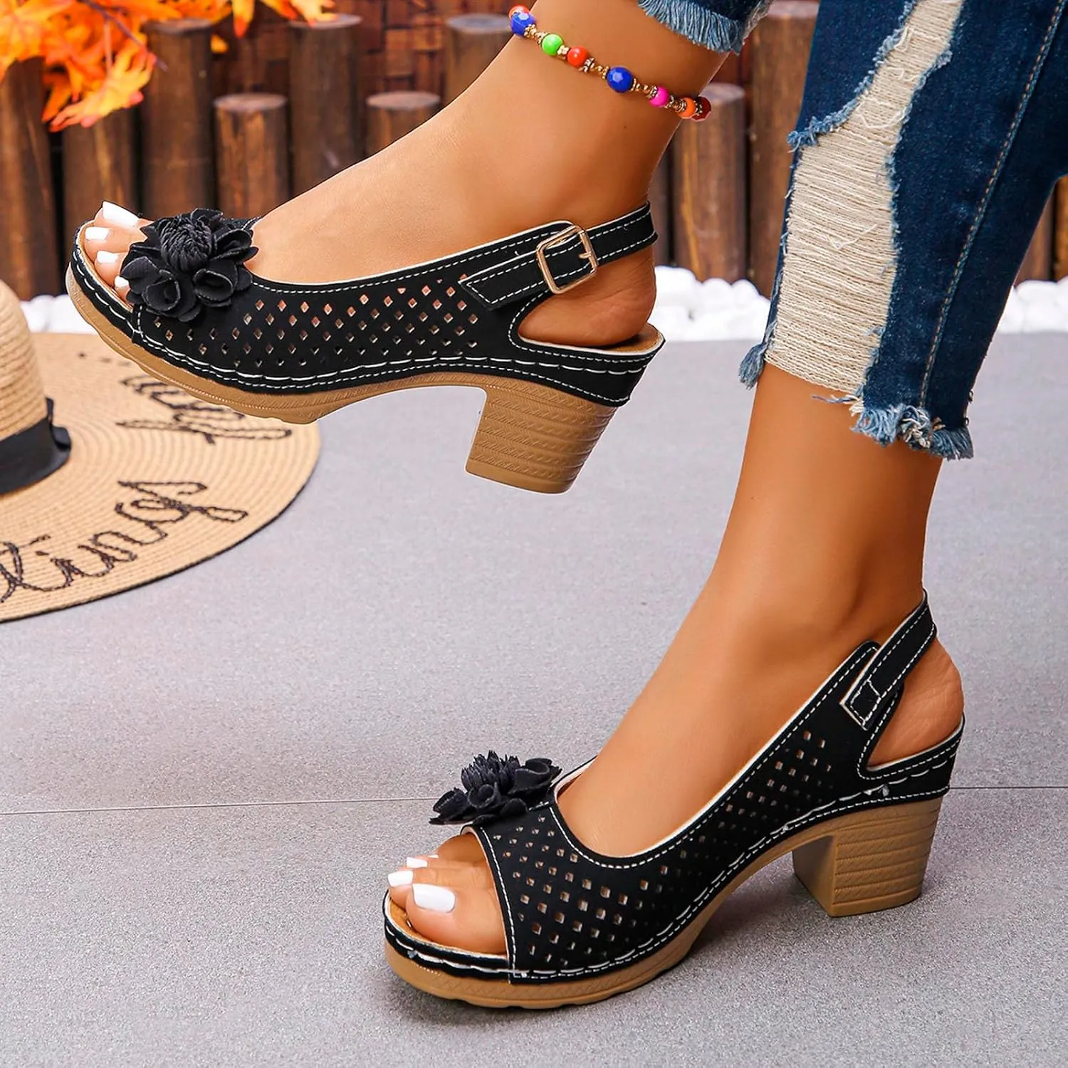 Womens Block Heel Sandals Summer Open Toe Ankle Buckle Strap Chunky Casual Hollow Out Platform Wedge Peep Slingback Dress Shoes Dressy Wedges Heels Comfortable Sandal Work Office Breathable