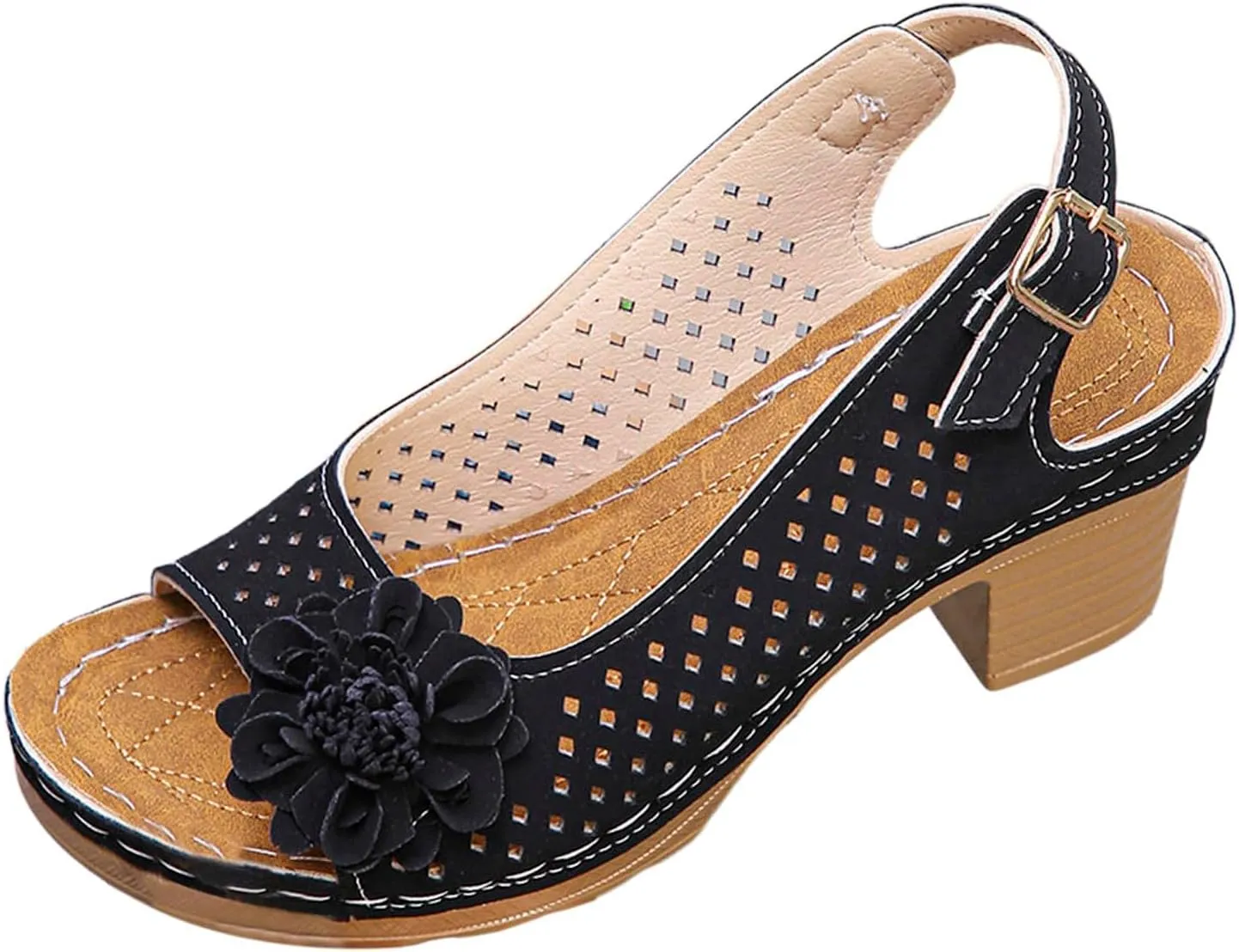 Womens Block Heel Sandals Summer Open Toe Ankle Buckle Strap Chunky Casual Hollow Out Platform Wedge Peep Slingback Dress Shoes Dressy Wedges Heels Comfortable Sandal Work Office Breathable