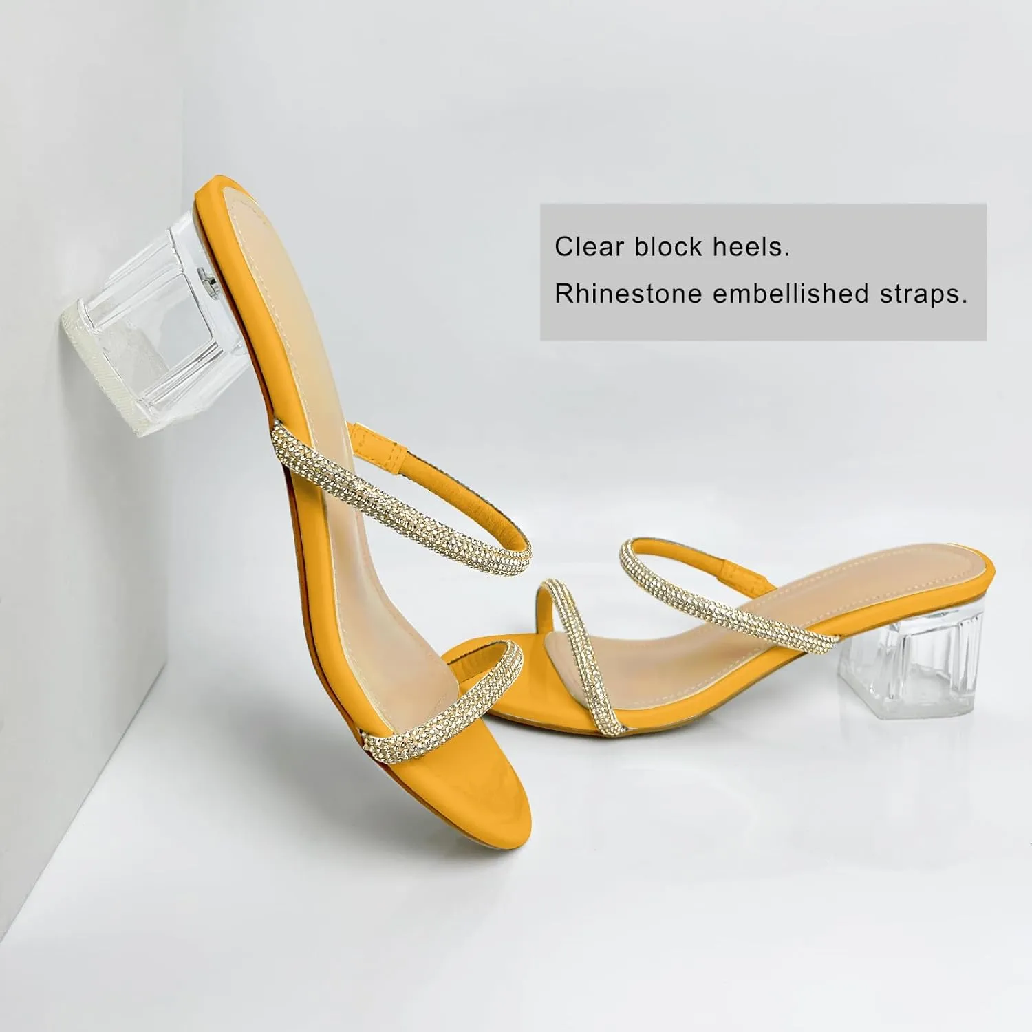 Women's Clear Block Heels Sparkly Strappy Slip On Dressy Sandals