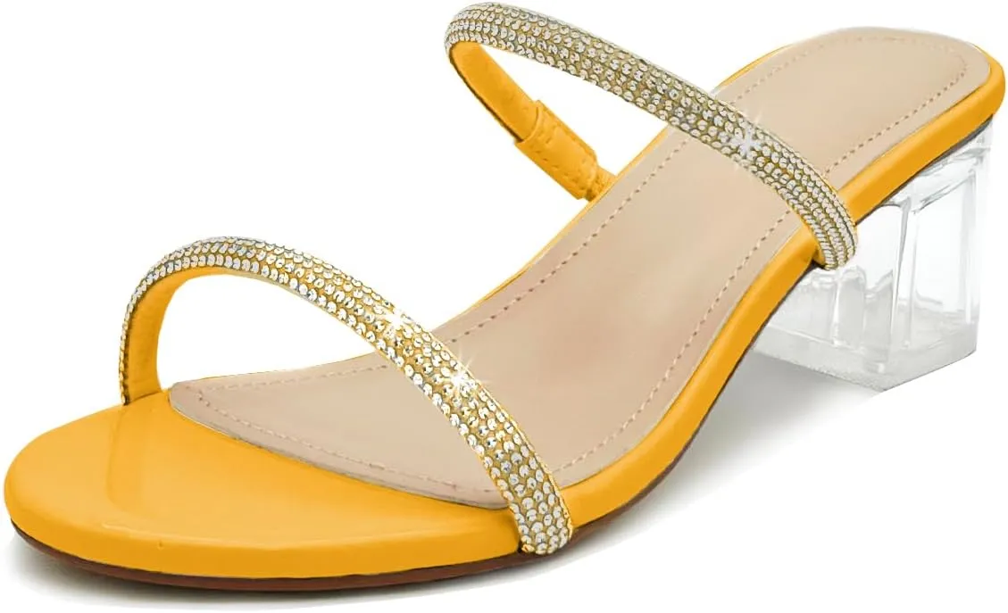 Women's Clear Block Heels Sparkly Strappy Slip On Dressy Sandals