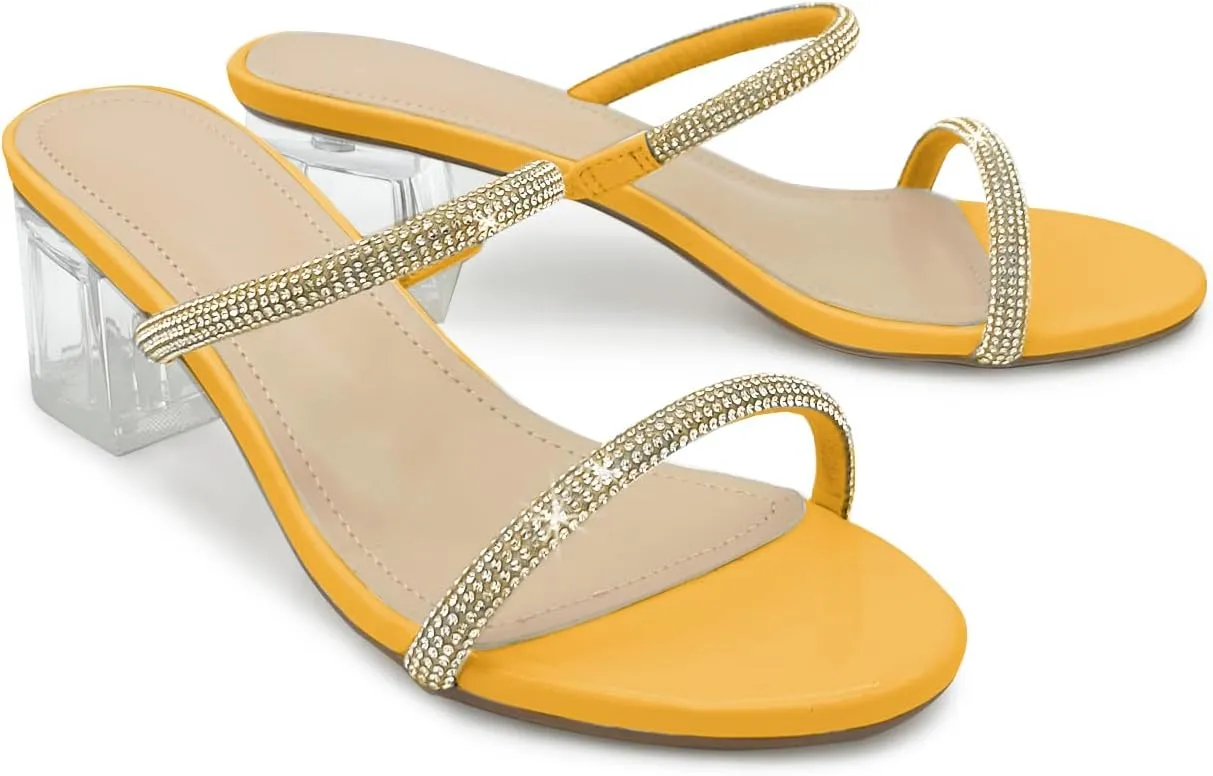 Women's Clear Block Heels Sparkly Strappy Slip On Dressy Sandals