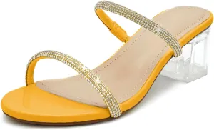 Women's Clear Block Heels Sparkly Strappy Slip On Dressy Sandals