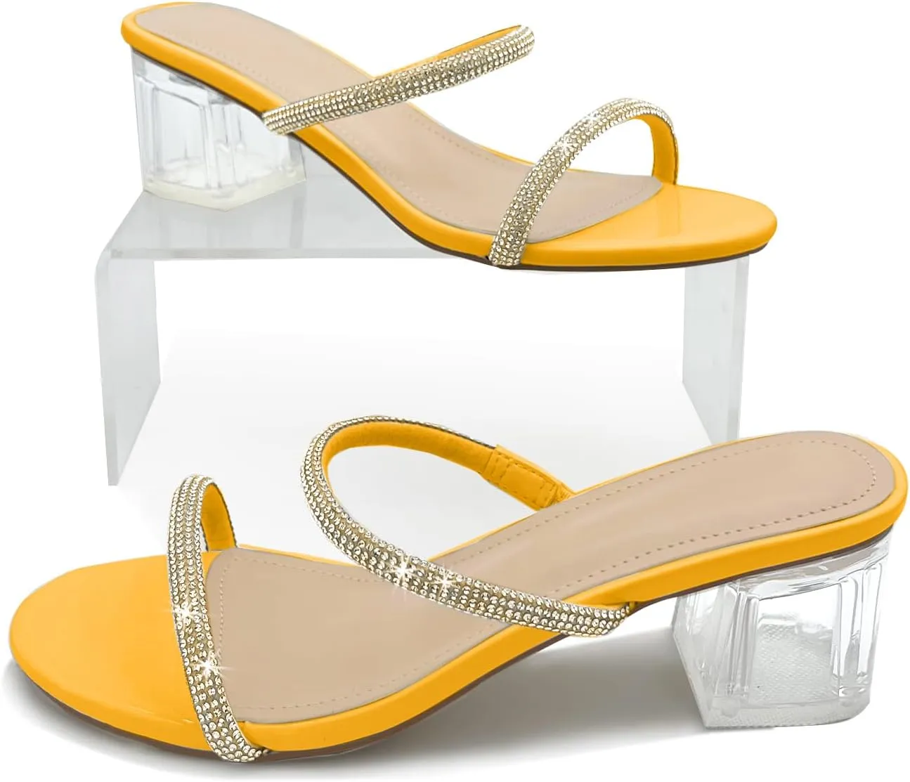 Women's Clear Block Heels Sparkly Strappy Slip On Dressy Sandals