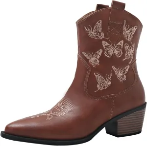 Women's Cowboy Ankle Boots Cowgirl Boots Butterflies Embroidered Western Pointed Toe Chunky Heel Pull On Short Boots