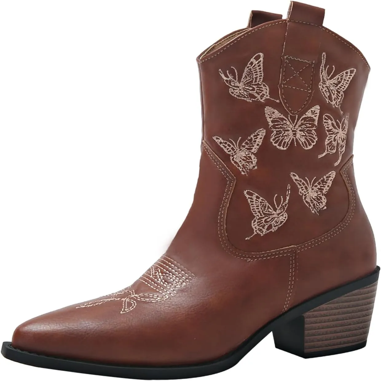 Women's Cowboy Ankle Boots Cowgirl Boots Butterflies Embroidered Western Pointed Toe Chunky Heel Pull On Short Boots